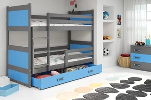 Pat supraetajat pentru tineri RICO 90X200 cu saltea și sertar, grafit/albastru